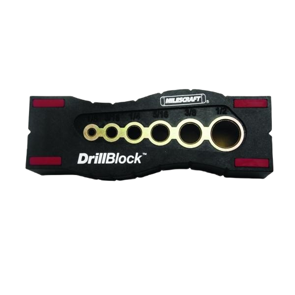 Black drill guide block with six metal bushings for common drill bit sizes in tool accessories and power tool collections under $50