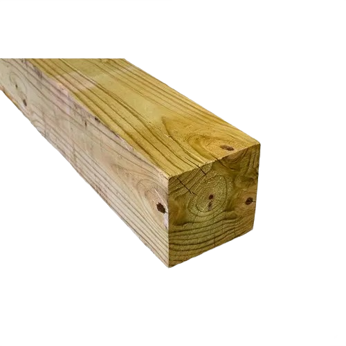 Close-up of treated lumber beam with visible wood grain and knots for home improvement projects