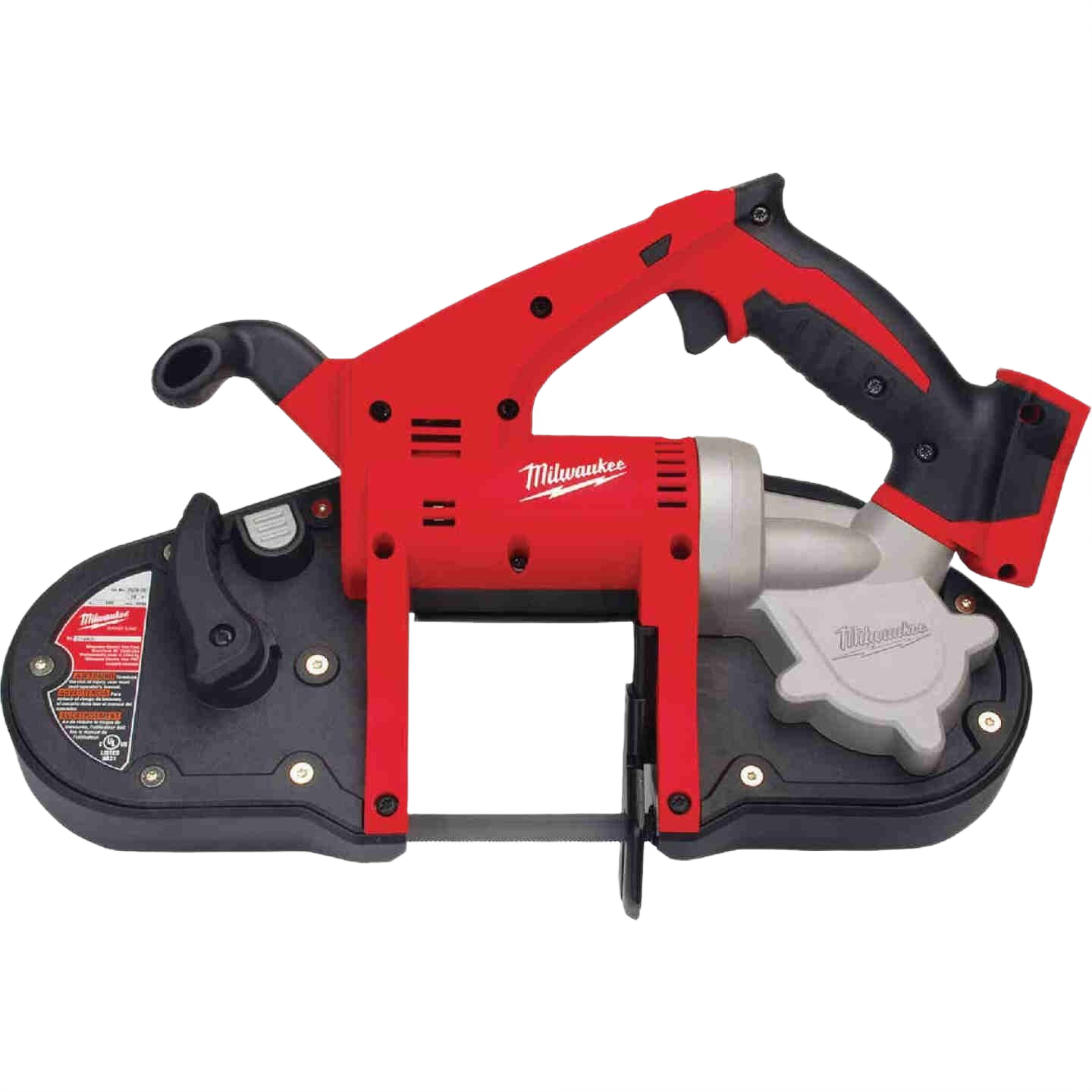 Compact red and black Milwaukee cordless band saw for metal cutting in tight spaces, part of power tools collection