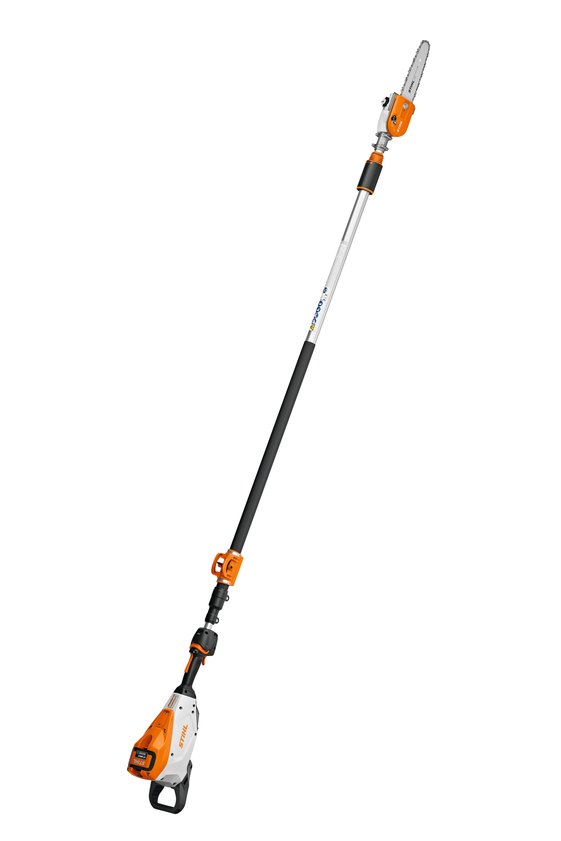 Telescoping pole pruner with orange and white motor housing designed for elevated tree trimming in home improvement tasks