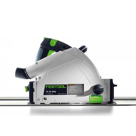Compact Festool plungecut saw in silver and green with guide rail, featured in power tools and electric saws collections.