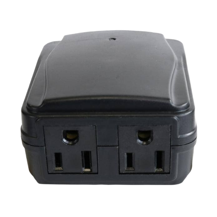 Black compact wireless remote transmitter with two standard electrical outlets for outdoor tools and home improvement use