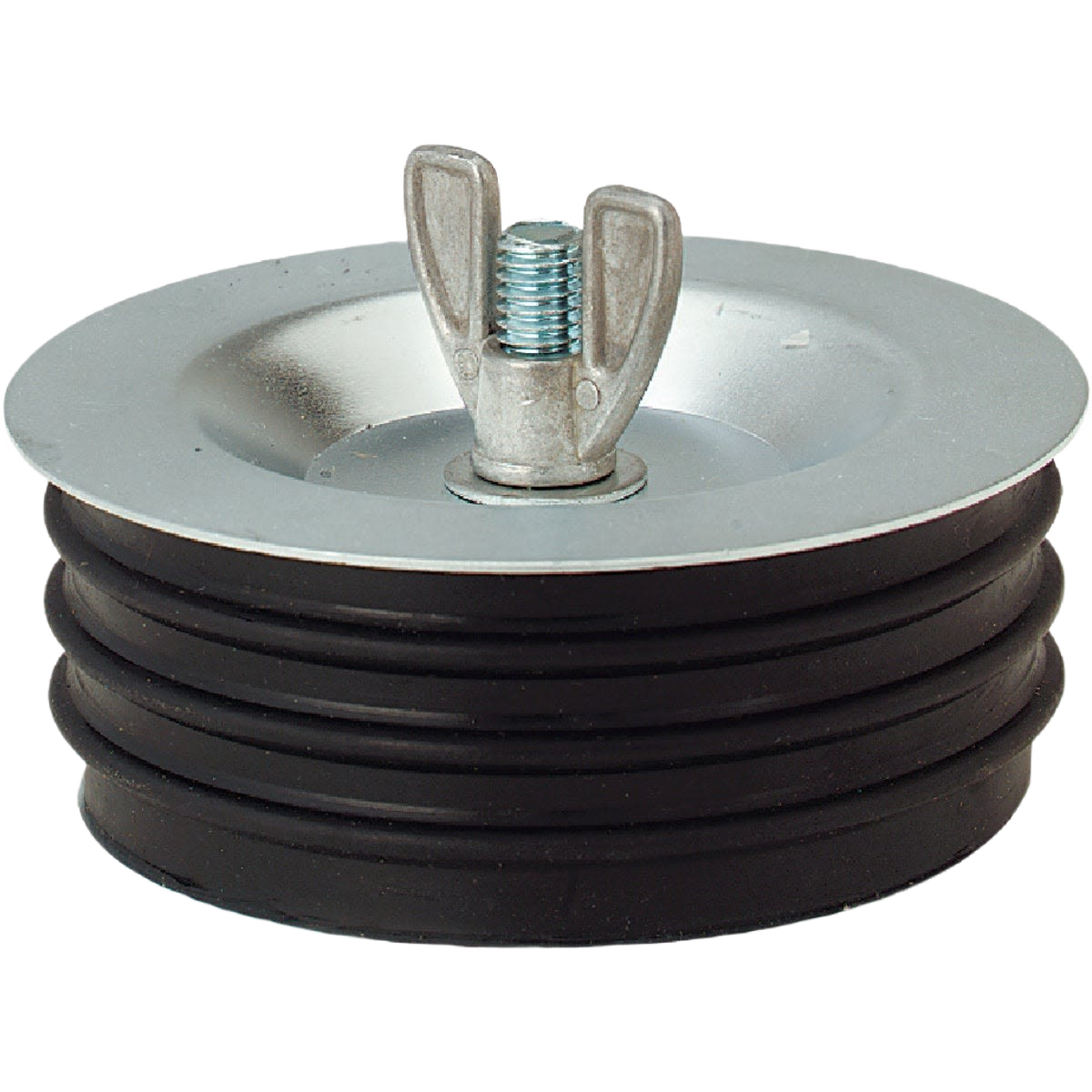 Galvanized steel sewer drain test plug with molded rubber gasket and large wing nut for plumbing projects