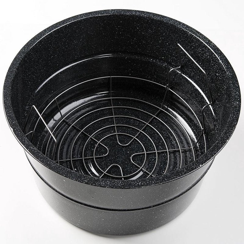 Black speckled graniteware preserving canner pot with metal rack insert for home food preservation tasks