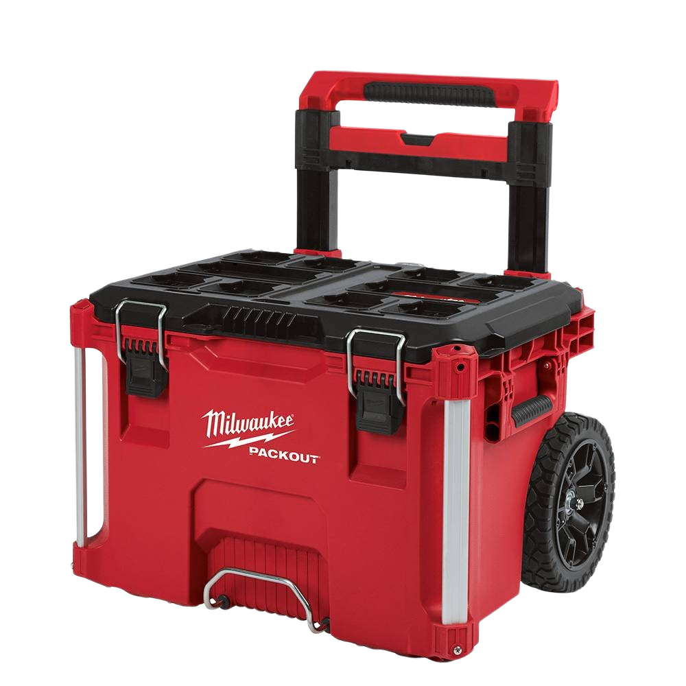Red and black portable rolling toolbox with extension handle and durable wheels for jobsite and workshop storage solutions