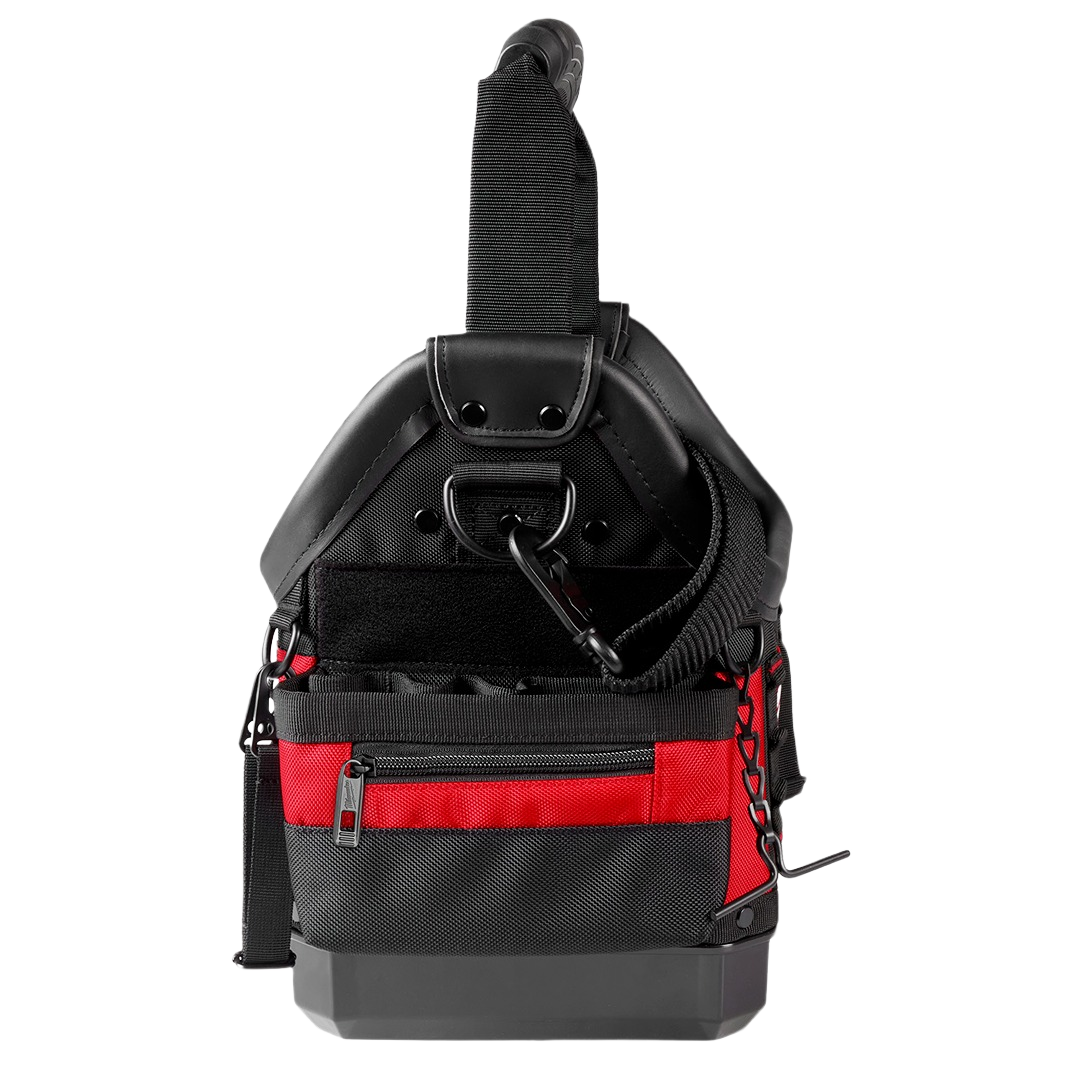 Compact red and black Milwaukee STORAGE tote with durable reinforced base and multiple external pockets for tool organization