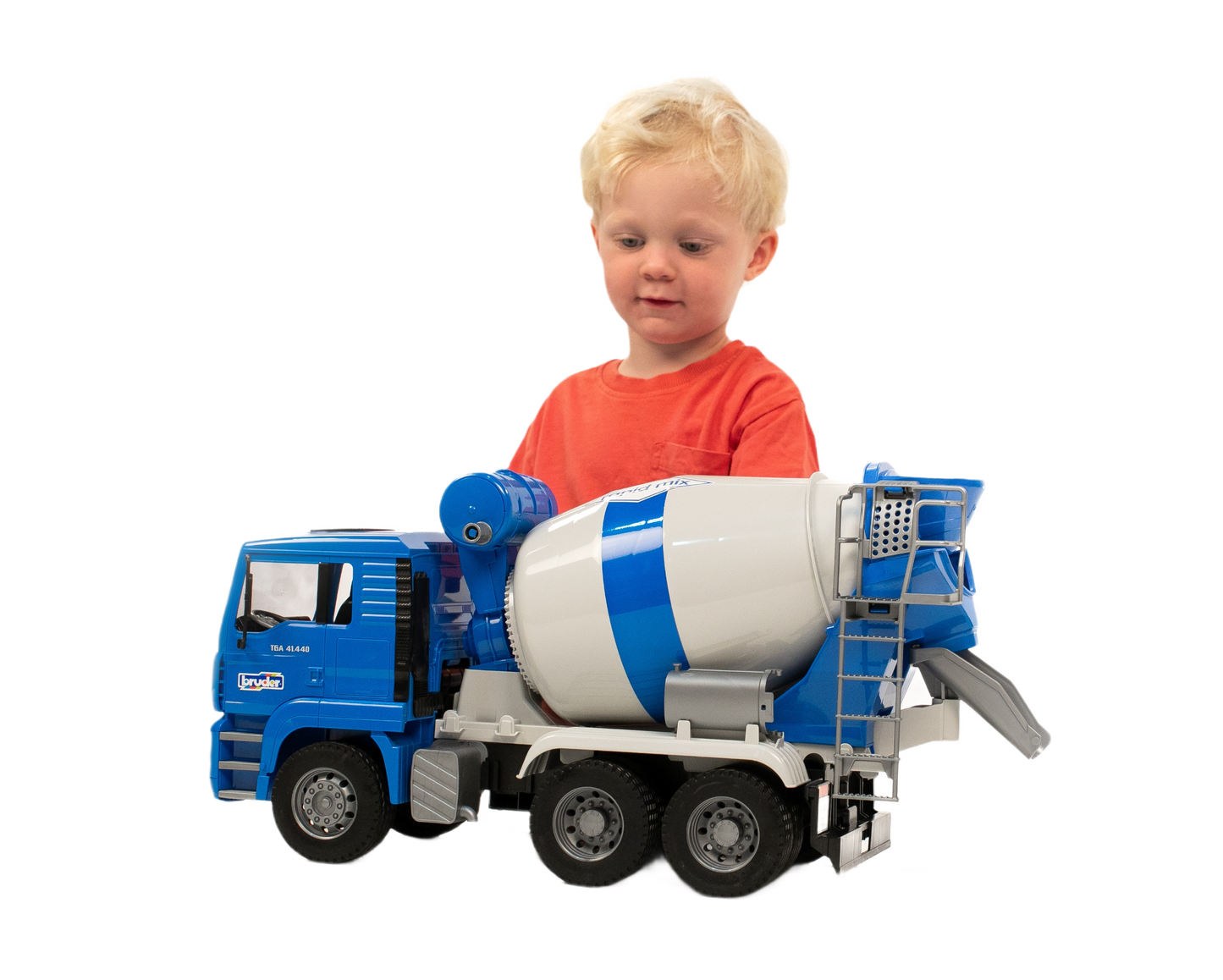 Child playing with detailed blue and white Bruder MAN TGA Cement Mixer toy from Vehicles & Remote Controlled Toys collection