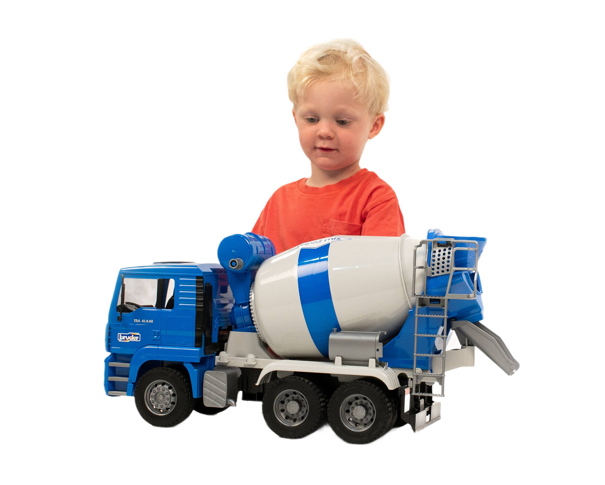 Child playing with detailed blue and white Bruder MAN TGA Cement Mixer toy from Vehicles & Remote Controlled Toys collection