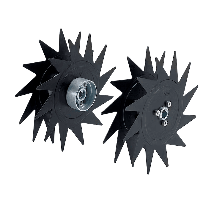 Pair of black lawn aerator spikes with metal hubs for garden and outdoor hand tools in lawn and garden collections