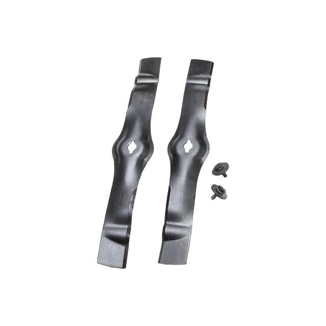 Pair of black mulching lawn mower blades with mounting hardware for home improvement and lawn care tools