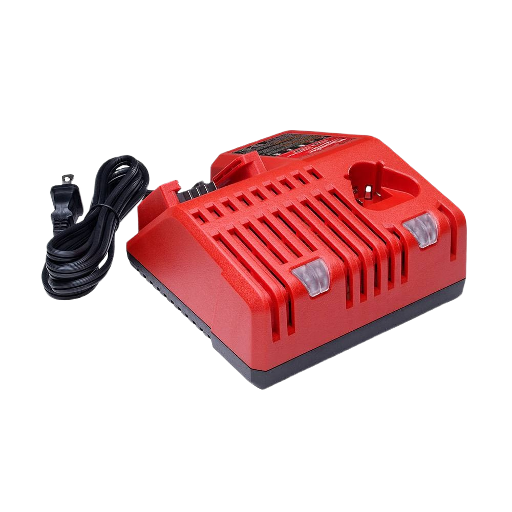 Red multi-voltage battery charger with cord for cordless power tool batteries in home improvement projects