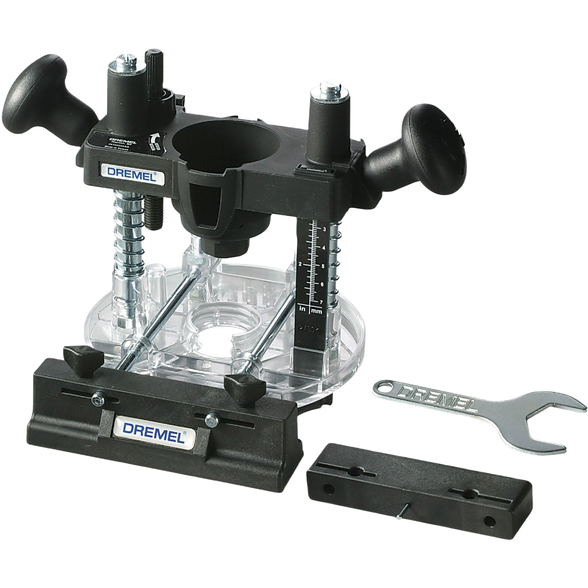 Dremel router attachment with clear base, adjustment knobs, and included wrench for precise home improvement tasks