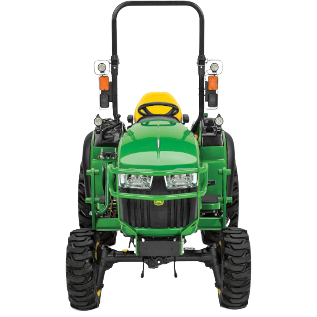 Front view of a green John Deere 2038R sub-compact tractor with large treaded tires and roll-over protection, featured in Outdoor Power Equipment at Hartville Hardware.