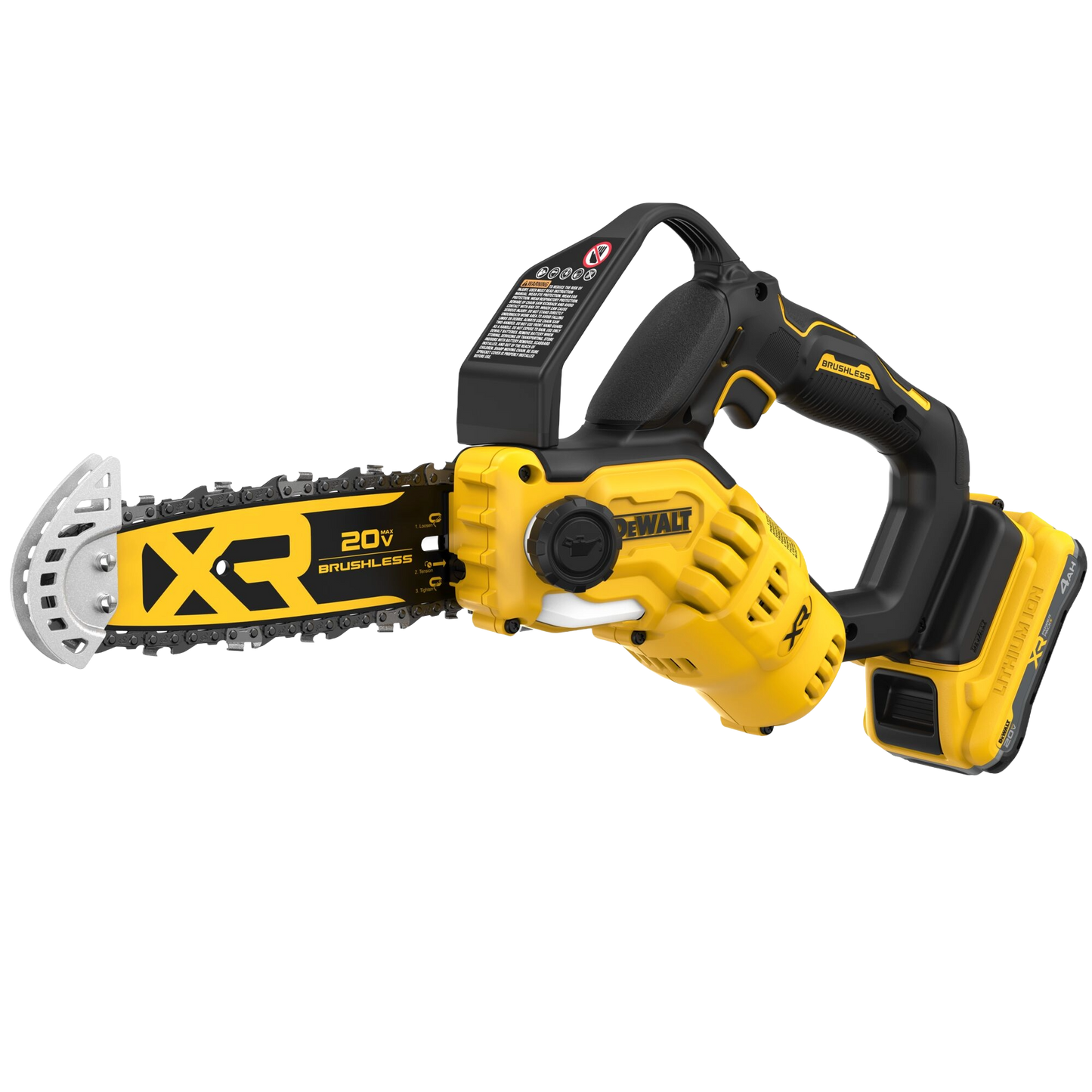 Compact cordless pruning chainsaw with brushless motor, ergonomic handle, and 20V battery, designed for efficient outdoor power tasks in lawn and garden care.