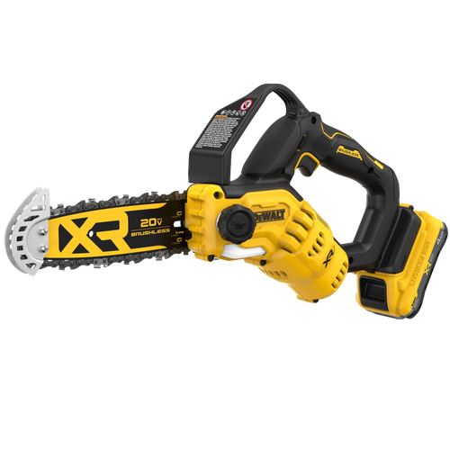 Compact cordless pruning chainsaw with brushless motor, ergonomic handle, and 20V battery, designed for efficient outdoor power tasks in lawn and garden care.