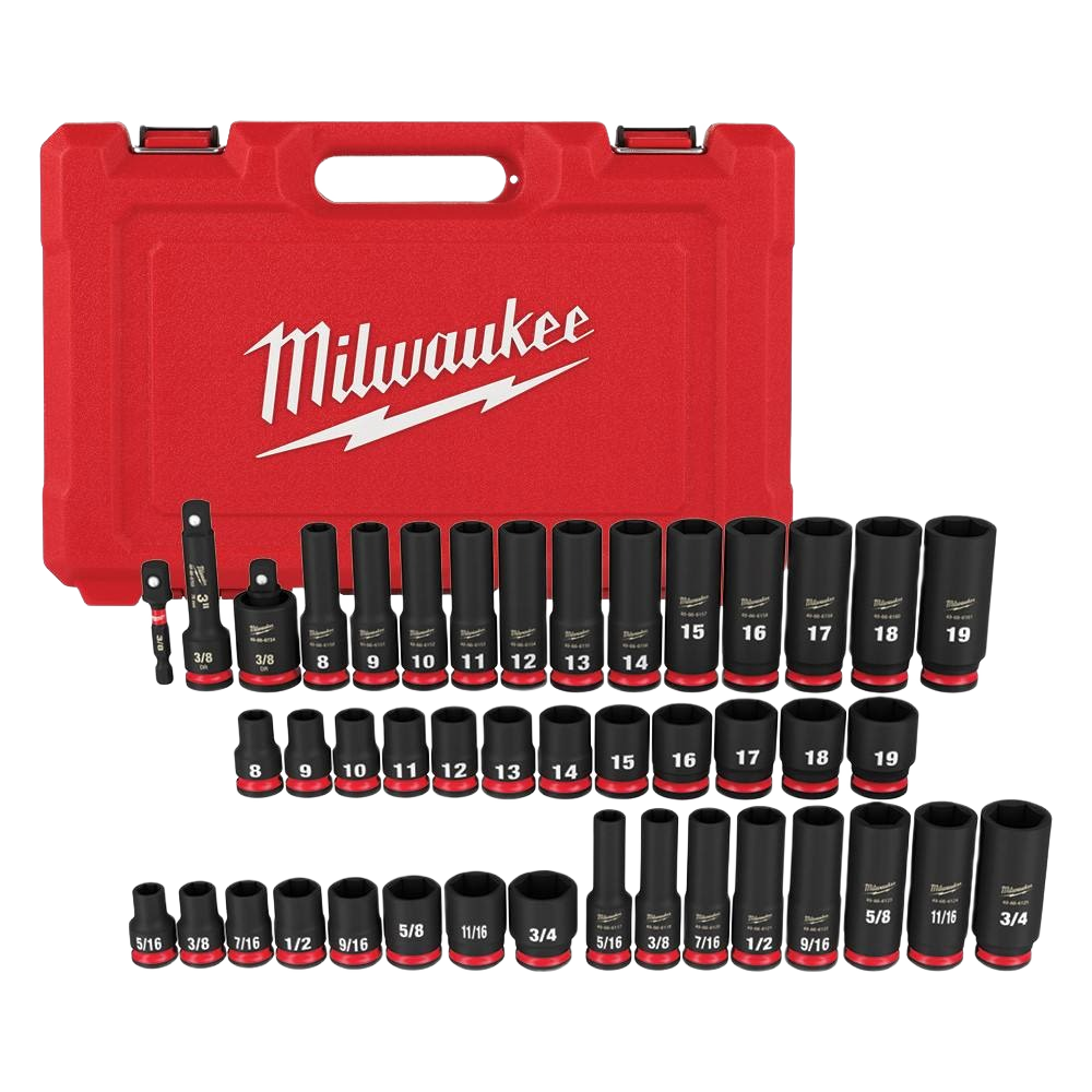 Red Milwaukee branded case with black impact duty deep sockets and accessories for professional hand tools collection