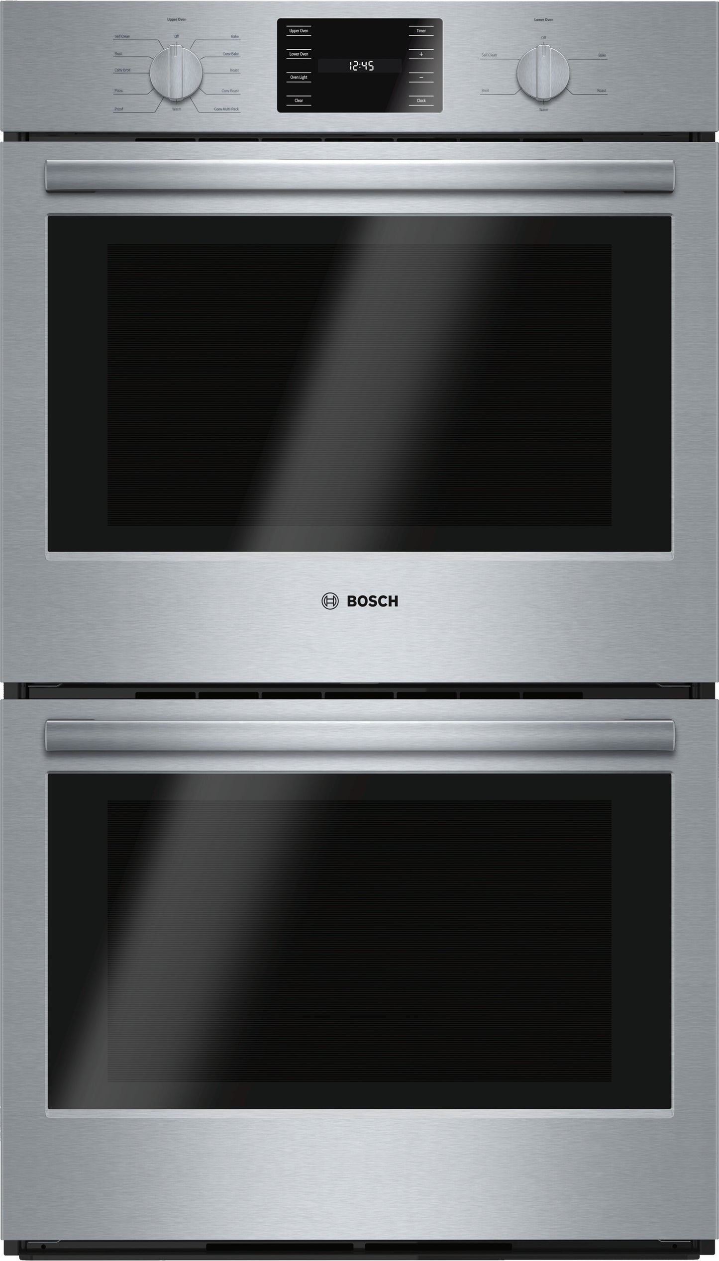 30-inch stainless steel double wall oven with heavy-duty metal knobs and digital control panel in Bosch appliances collection