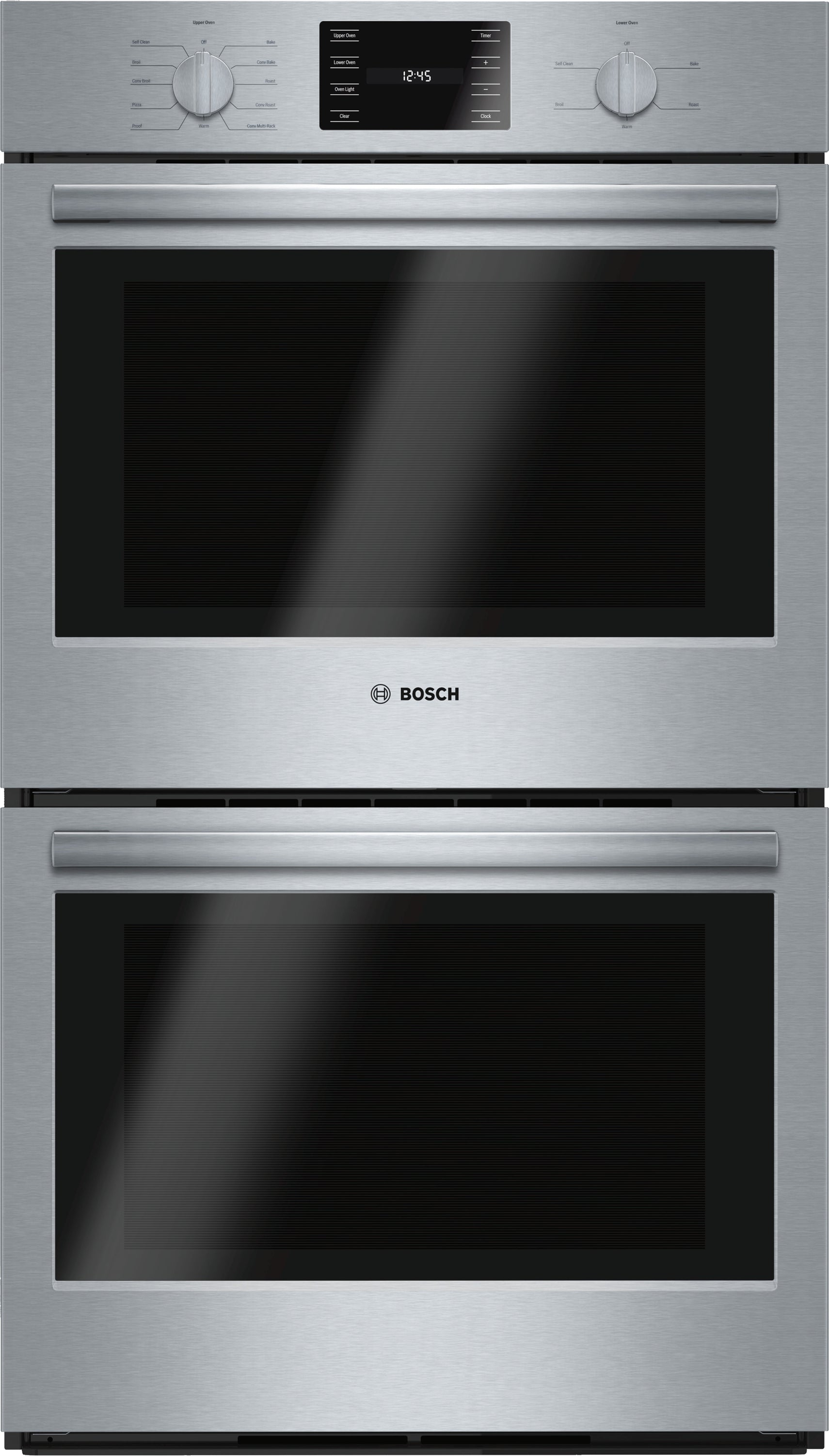 30-inch stainless steel double wall oven with heavy-duty metal knobs and digital control panel in Bosch appliances collection