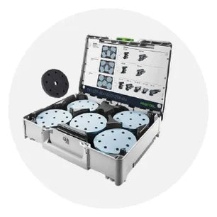 Open case containing multiple circular abrasive sanding discs in varied sizes neatly organized inside a gray carrying box for home improvement tasks.