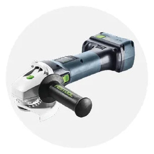 Cordless handheld angle grinder in blue-gray and black with a side handle, designed for cutting and grinding tasks in home improvement projects.