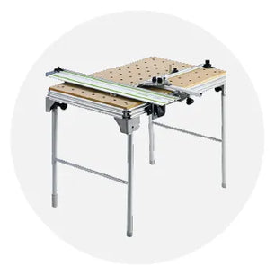 Adjustable multifunctional workbench with perforated wooden surface and metal frame, designed for versatile tasks in home improvement projects.