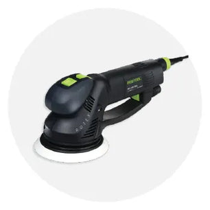 Electric handheld random orbital sander in black with green accents, designed for smoothing surfaces in woodworking and home improvement tasks.