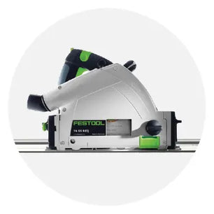 Compact track saw featuring a silver body with black and green accents, designed for precise cutting in home improvement projects.