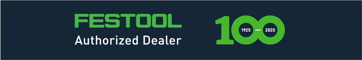 Green and white banner displaying Festool logo with text indicating authorized dealer status and a centennial celebration from 1925 to 2025 for home improvement tools.