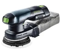 Cordless handheld sander with black and green casing and attached dust collection bag, designed for smooth finishing tasks in home improvement.