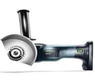 Side view of a cordless handheld grinder with a protective guard and auxiliary handle, designed for abrasive cutting and grinding tasks in home improvement.
