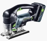 Cordless jigsaw with black and green design, ergonomic handle, and clear blade guard, designed for versatile cutting in home improvement projects.