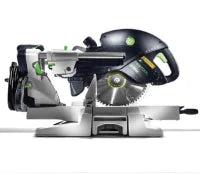 Sliding miter saw with black and green accents and a circular blade designed for precise angled cuts in woodworking and home improvement tasks.