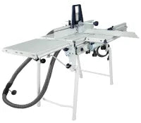 Industrial router table with large flat work surface, adjustable fence, and attached dust collection hose, designed for woodworking tasks.