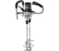 Electric handheld mortar mixer with dual stirring paddles and ergonomic handles, designed for construction and home improvement tasks.