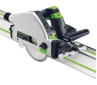 Compact track saw with white and green casing mounted on a guide rail, designed for accurate cutting in home improvement projects.