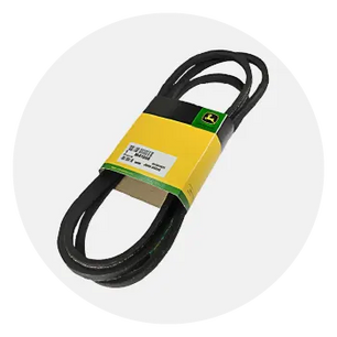 Black rubber V-belt with green stripes coiled and secured by a yellow and green branded paper sleeve for use in outdoor power equipment.