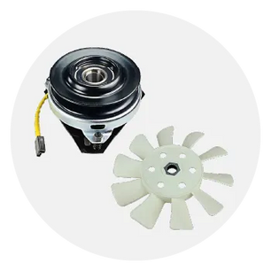 Metal and plastic mechanical clutch assembly with a black circular housing and white multi-blade fan component for small engine or equipment use.