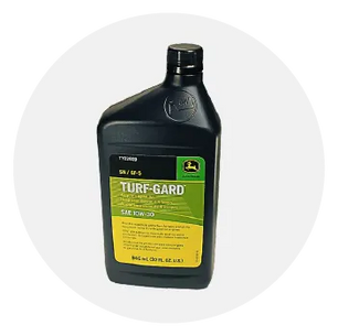 Black plastic container with a green and yellow label displaying Turf-Gard SAE 10W-30 oil for lawn and garden equipment on a white background.