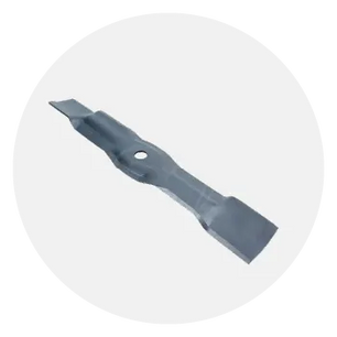 Metal lawn mower blade with sharp, angled cutting edges and central mounting hole for attachment to outdoor mowing equipment.