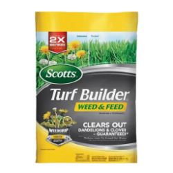 Bag of Scotts Turf Builder Weed & Feed with yellow and green branding, featuring grass and weed illustrations and product claims for lawn care.