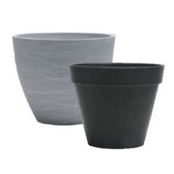 Two empty plant pots side by side, one larger textured gray pot and one smaller smooth black pot, on a white background.