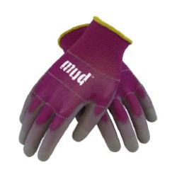 Pair of purple and gray gardening gloves with a textured grip and "mud" printed on the back, designed for outdoor work and protection.