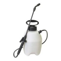 White plastic garden sprayer with a black handle, nozzle, and pump mechanism designed for outdoor plant care and maintenance.