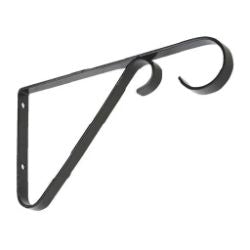 Black metal wall bracket with decorative curled end designed for supporting shelves or hanging items in home improvement projects.