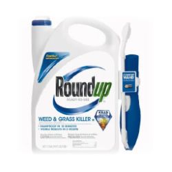 White plastic container of weed and grass killer with a blue spray wand attached, featuring green and blue branding and safety warning icons.