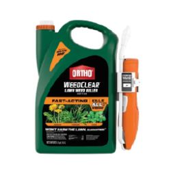 Green container of Ortho WeedClear liquid weed killer with orange cap and attached orange and white spray wand on a white background.
