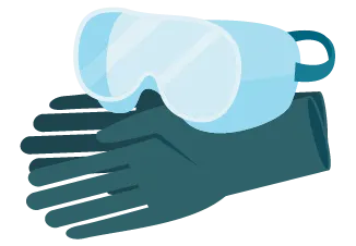 Illustration of protective safety gear including clear goggles with a black adjustable strap and dark gloves, symbolizing personal protective equipment for home improvement and tools use.