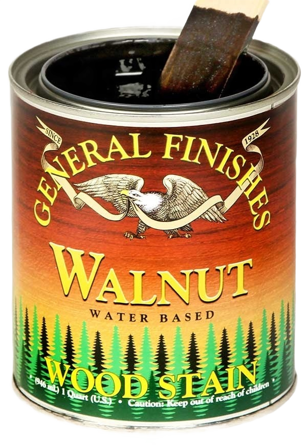 Open can of water-based walnut wood stain with applicator brush for wood finishing and interior stain projects under $50 collection