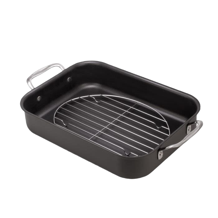 Oval chrome-plated steel wire rack inside a black roasting pan for Kitchenware and home cooking collections under $50