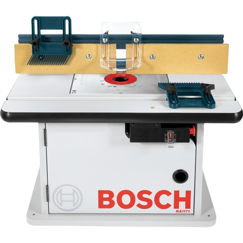 Compact laminated router table by Bosch with adjustable fence and clear guard for woodworking tasks and tool accessories